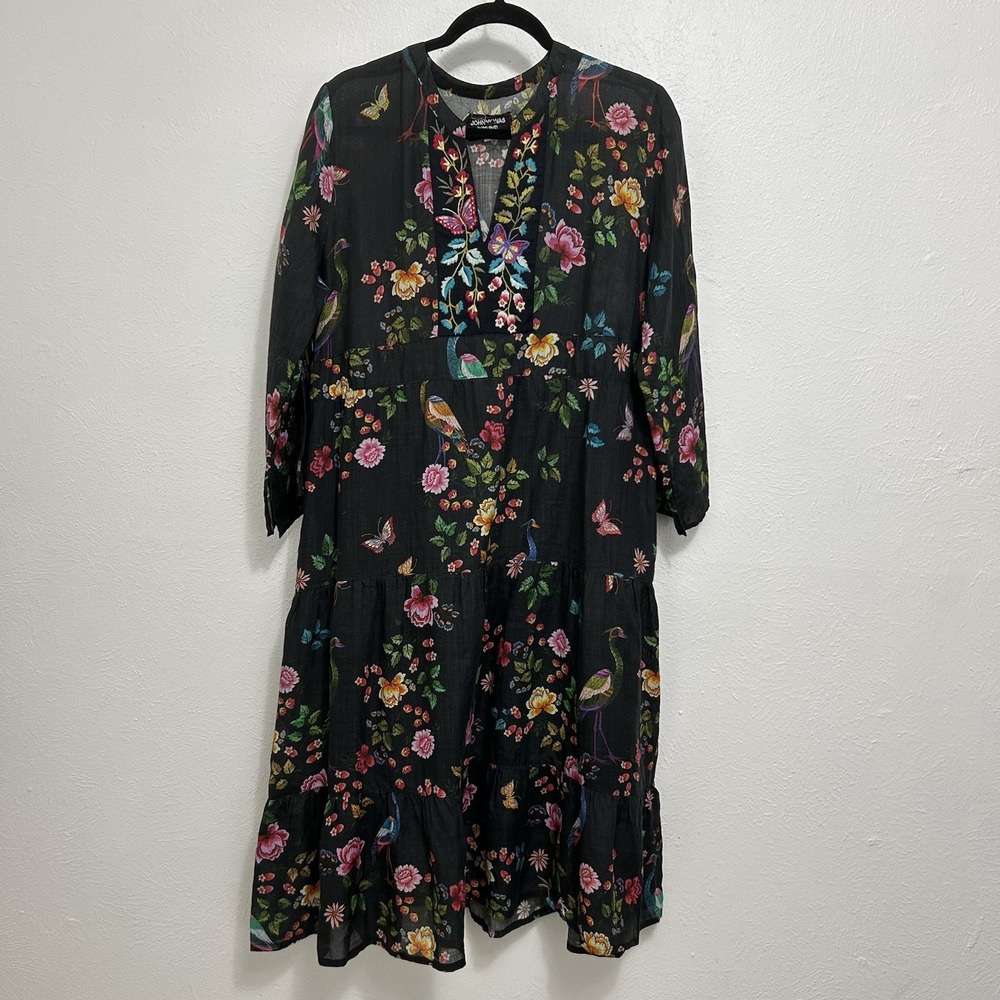 Johnny Was Black Floral Embroidered Midi Tiered Dress Size M Back Tie Colorful